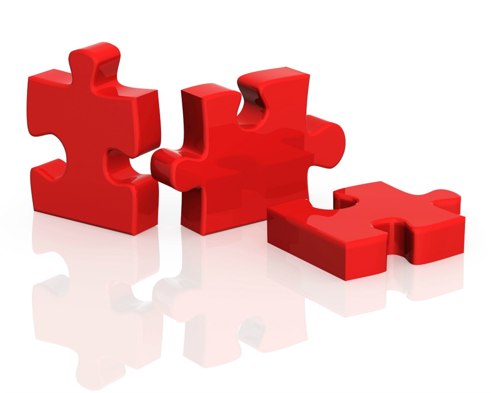 Three parts of a puzzle. Objects over white