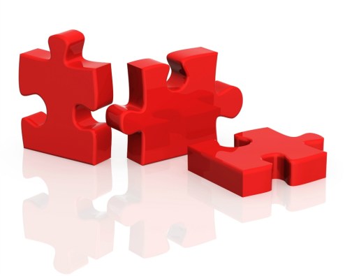 Three parts of a puzzle. Objects over white